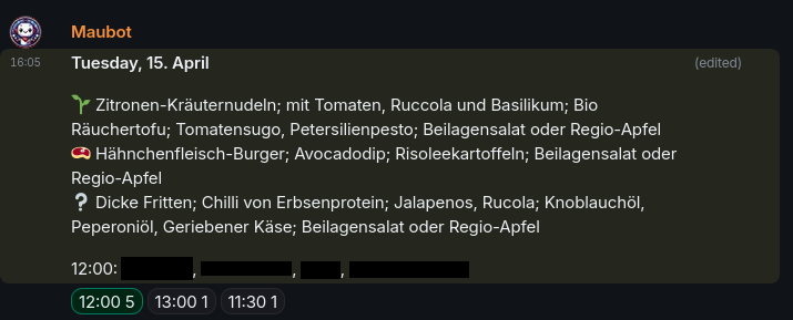 A chat message listing the day's canteen menu and poll to coordinate the canteen visit.