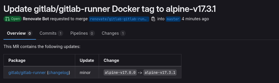 Screenshot of renovates MR to update the GitLab Runner image.